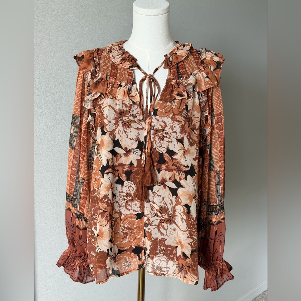 Miss Me Fall Leaves 🍂 Brown Floral Ruffle Boho Romantic Blouse-S( M)